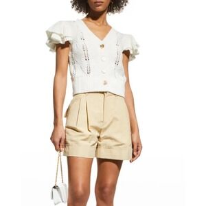 Milly Women Sweater Y2K Cotton White Ruffle Pointelle Short Sleeve‎ Knit Large